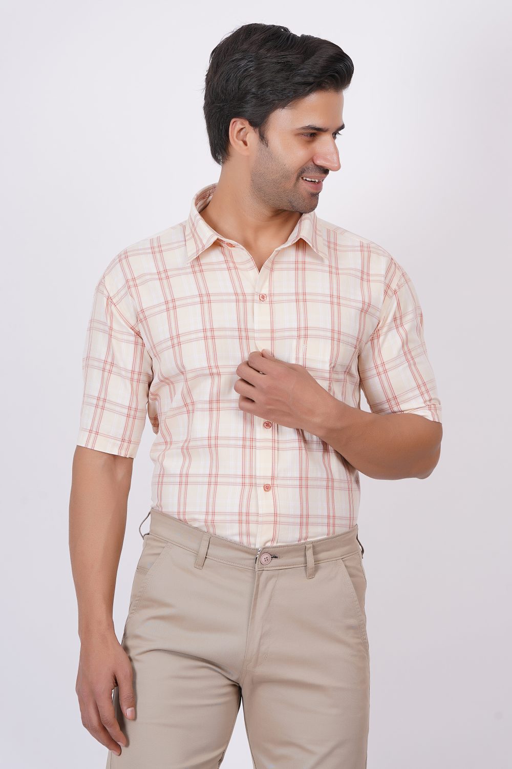 Cream and Pink Stripes | TTASCOTT Half Sleeve Check Shirt