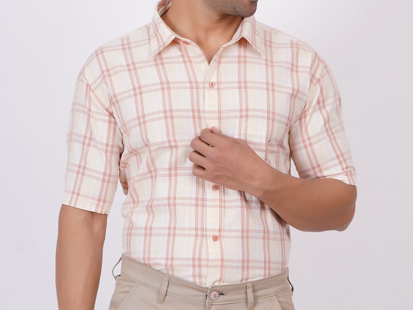 Cream and Pink Stripes | TTASCOTT Half Sleeve Check Shirt | TC 1178 - 1