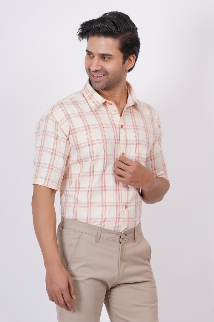 Cream and Pink Stripes | TTASCOTT Half Sleeve Check Shirt